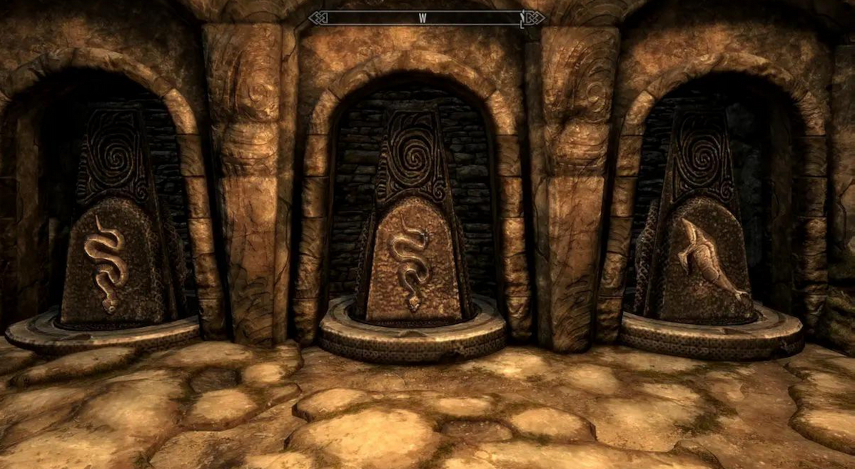 screenshot of three puzzle pillars from the video game skyrim.