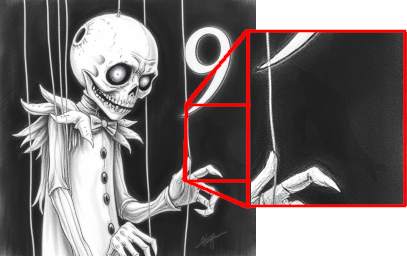 artificial intelligence generated image in a charcoal sketch style of a scary looking skull-headed marionette with a number 9 floating in the background. there's an enlargement of a portion of the image, outlined in a red square and showing the faint image of the whale glyph from the video game Skyrim.