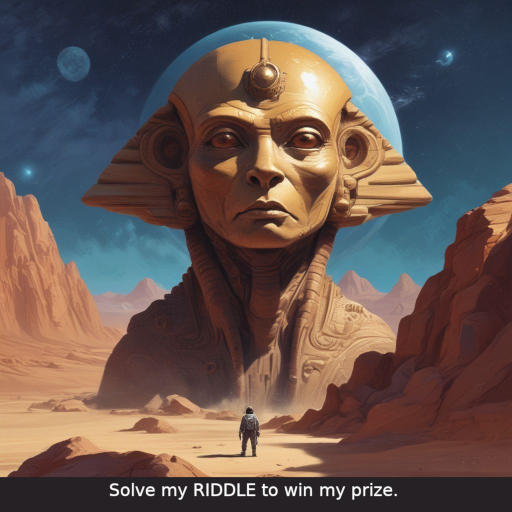 artificial intelligence generated image of what you could call a space sphinx. its body is buried in the sand so that only its shoulders and head stick out of an alien landscape of deep canyons. a small humanoid person stands dwarfed by the sphinx. a caption below the image reads: solve my RIDDLE to win my prize. the word 'riddle' is in all caps.